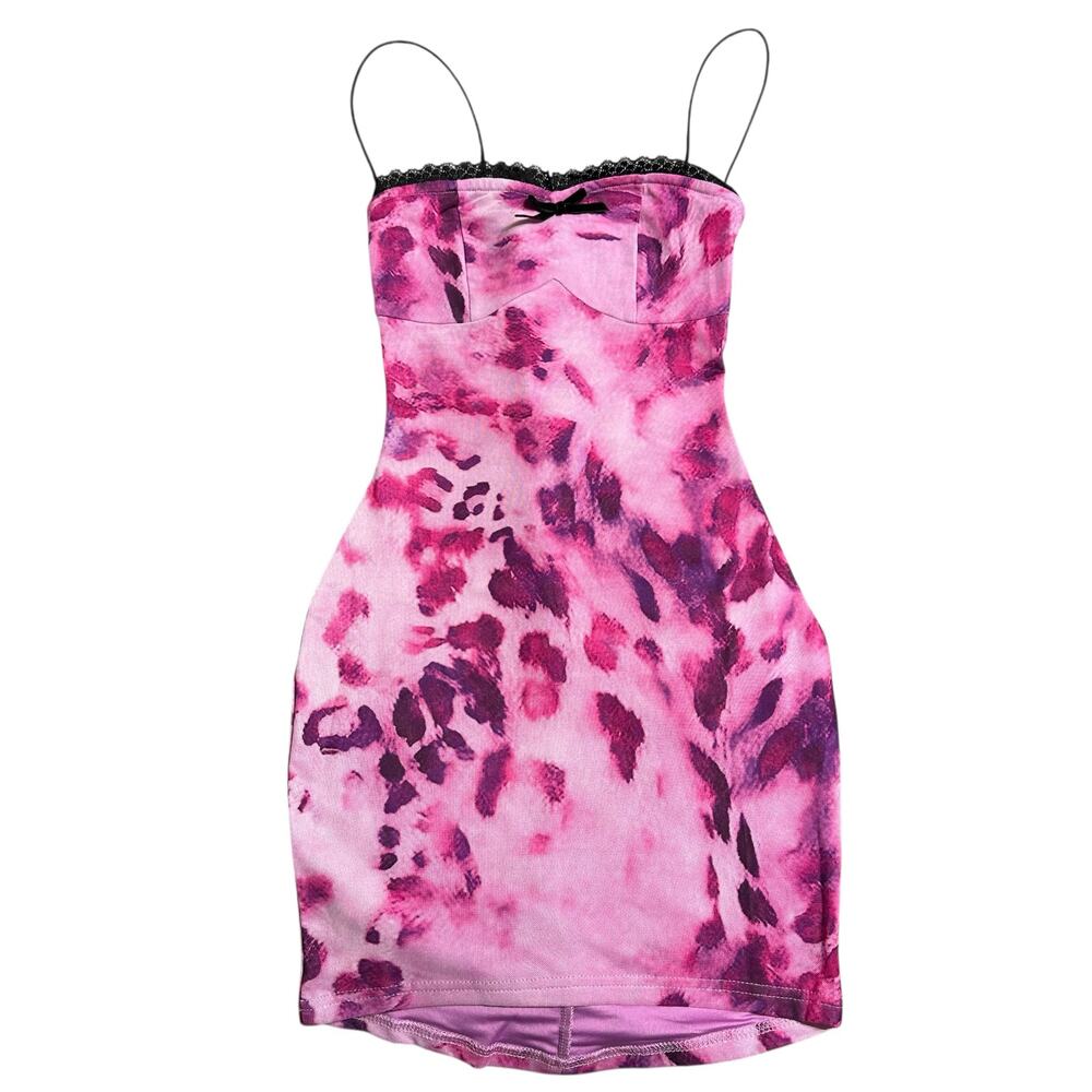 Womens Small Pink Purple Abstract Leopard Print Lace Trim Bow Bodycon Mini Dress